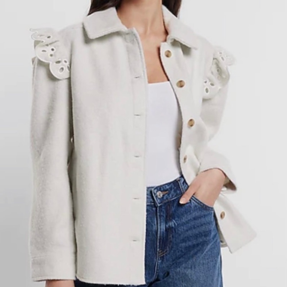 Express Cream Button-Front Ruffle Jacket with Eyelet Shoulder Detail